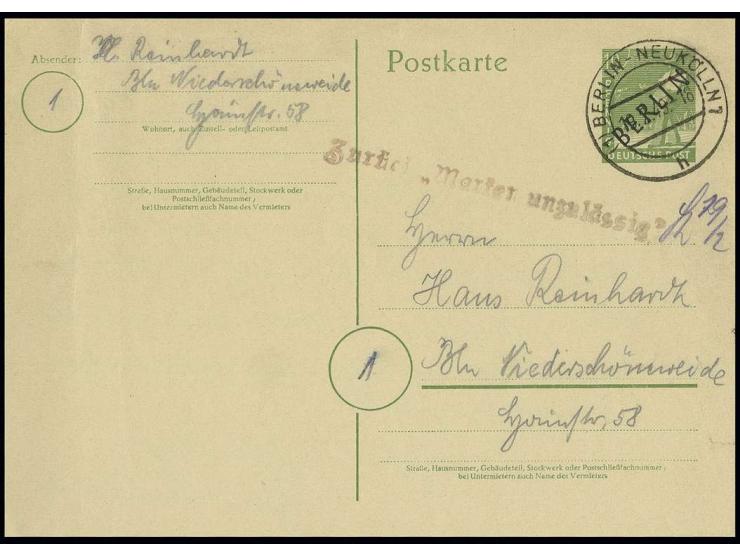 Karte Schwarzaufdruck 10 Pfg. auf gelblichem Karton bedarfsgebraucht von "BERLIN-NEUKÖLLN 1 19.2.49" in den Sowjetischen Sekt