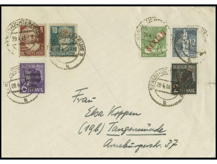 10 Pfg., 2 Pfg. und Stephan 12 Pfg. in Doppelfrankatur mit Maschinenaufdruck 6 Pfg. und Köpfe I 10 Pfg. und 8 Pfg. auf Brief 