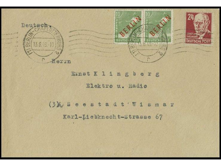 10 Pfg. (2) in Doppelfrankatur mit Köpfe I 24 Pfg. auf Brief von "BERLIN-CHARLOTTENBURG 2 13.8.49" nach Seestadt Weimar, saub