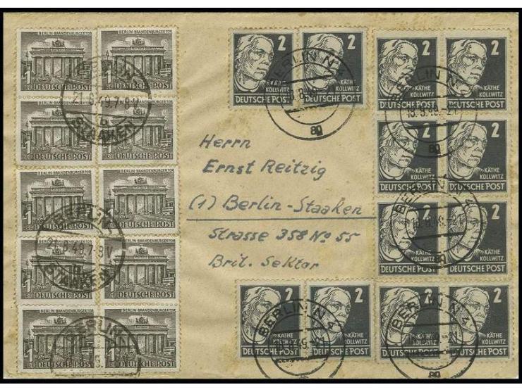 Bauten 1 Pfg. (10) mit Stempel "BERLIN-STAAKEN 21.8.49" auf Brief mit Doppelfrankatur Köpfe I 2 Pfg. (12) mit Stempel "BERLIN