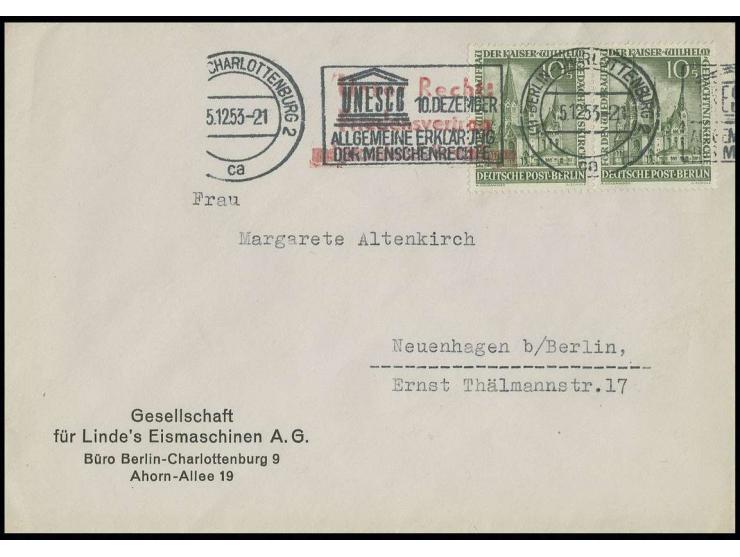 Gedächtniskirche 10 Pfg. im Paar auf Brief  mit Maschinenstempel "UNESCO...." von "BERLIN-CHARLOTTENBURG 5.12.53" nach Neuenh