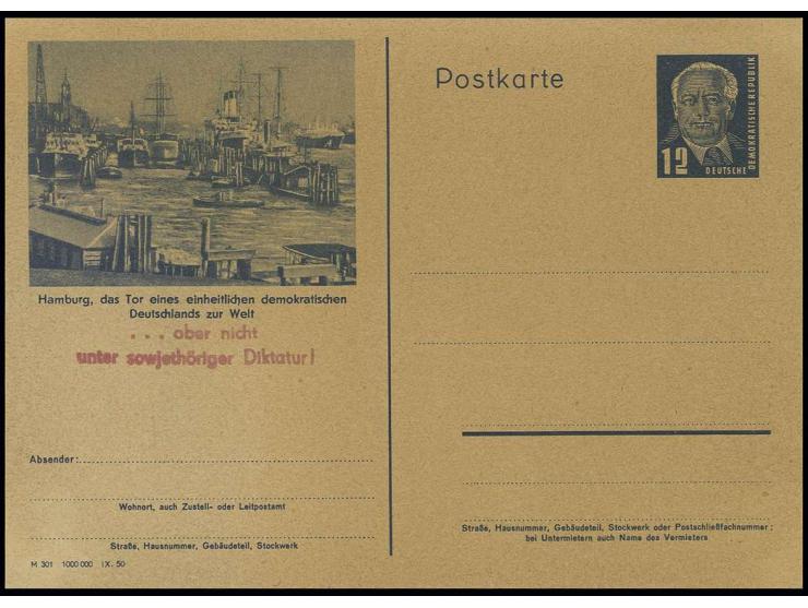 1950, "....aber nicht unter sowjethöriger Diktatur!", roter L2-Gegenstempel als Probeabschlag auf ungebrauchter Ganzsachen-Bi