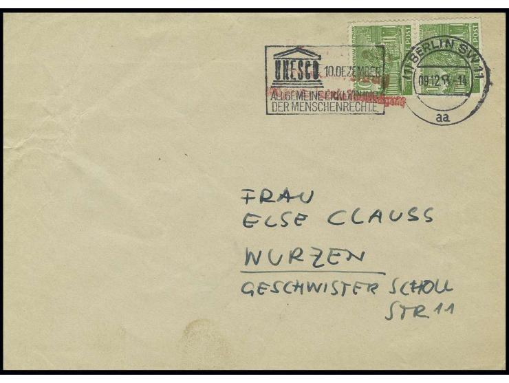 1953, "Unser Recht: Friedensvertrag und gesamtdeutsche Verständigung", roter Gegenstempel auf Brief mit Bauten 10 Pfg. im sen