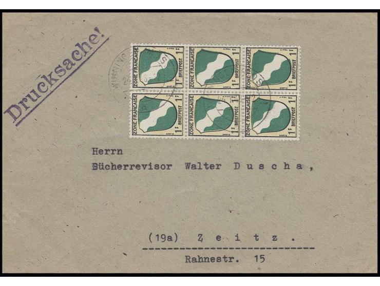 1945, 1 Pfg., senkrechter 6er-Block auf portogerechter Drucksache von "WINNINGEN (MOSEL) 24.1.48" nach Zeitz
