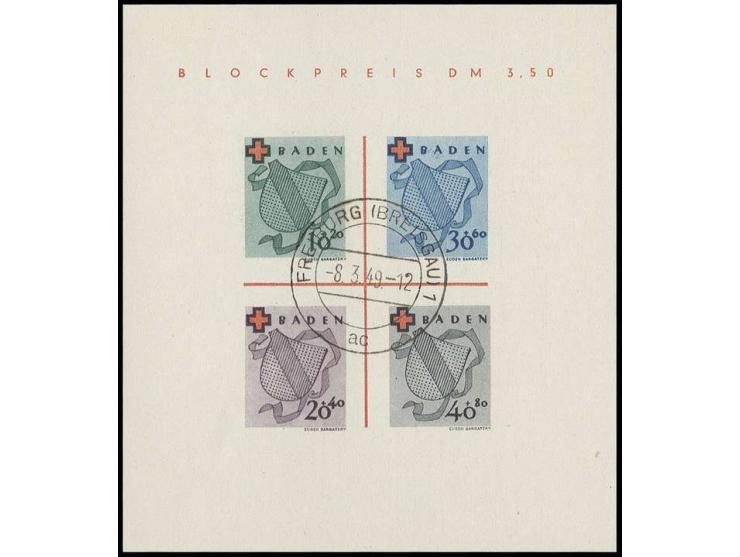 Rot-Kreuz-Block mit zentrischem Stempel "FREIBURG (BREISGAU) 1 8.3.49", einwandfrei, Fotoattest Straub BPP