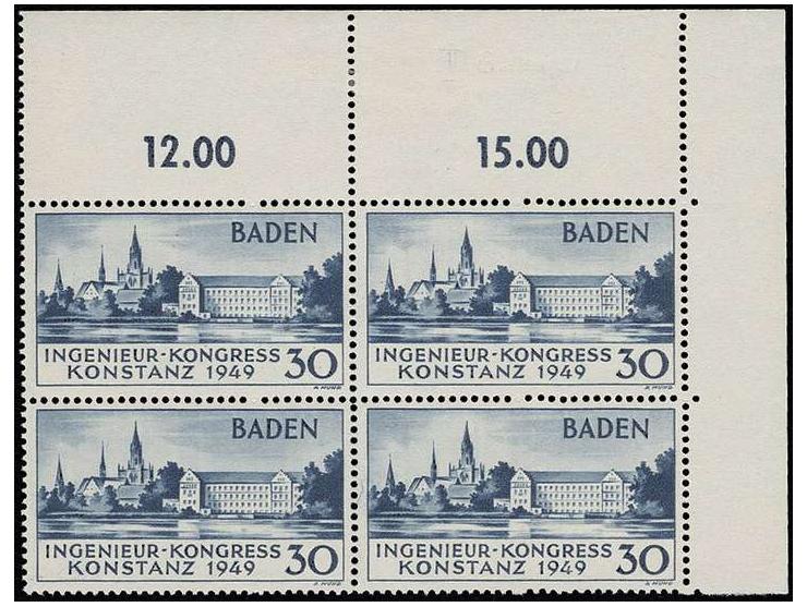 Konstanz II 30 Pfg. im Eckrand-4er-Block aus der rechten oberen Bogenecke, postfrisch mit Falzspur im Rand, sign. Schlegel BP