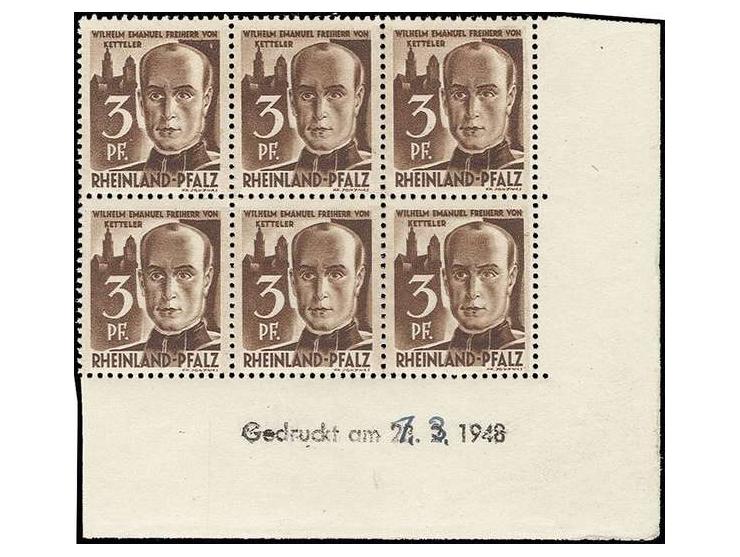 1947, 1. Ausgabe 3 Pfg. siena im waagerechten 6er-Block aus der rechten unteren Bogenecke mit handschriftlicher Änderung des 