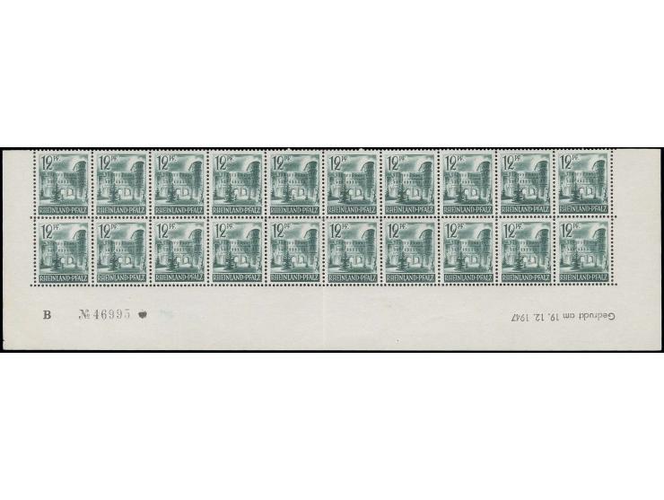 12 Pfg. im 20er-Bogenteil vom Unterrand mit kopfstehendem Druckdatum "Gedruckt am 19.12.1947", postfrisch, Einheit mittig 1x 