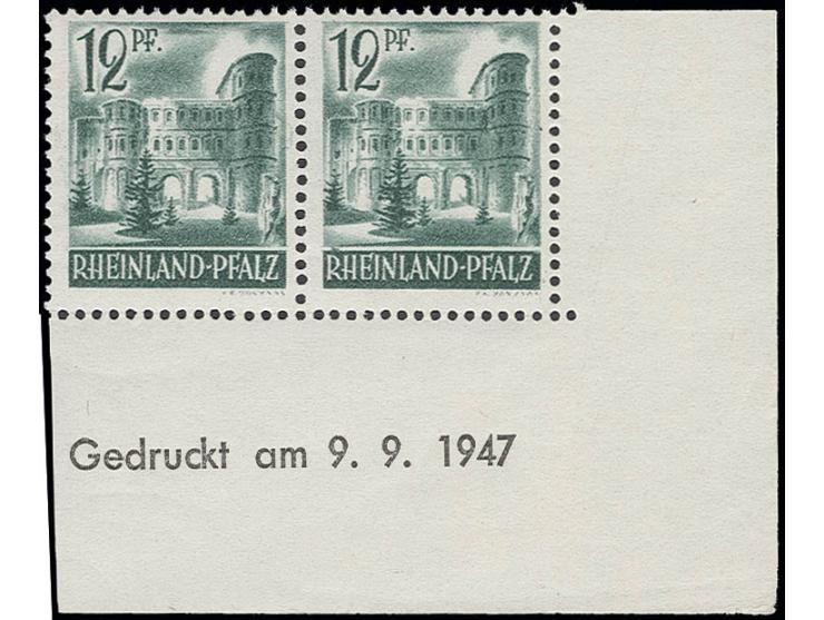 12 Pfg. im waagerechten Paar aus der rechten unteren Bogenecke mit Druckdatum vom 9.9.1947, postfrisch
