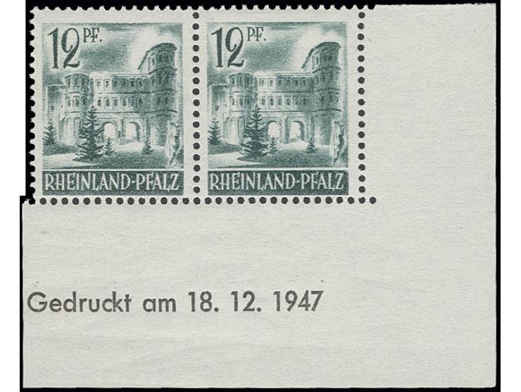 12 Pfg. im waagerechten Paar aus der rechten unteren Bogenecke mit Druckdatum vom 18.12.1947, 1 Wert mit Erstfalz