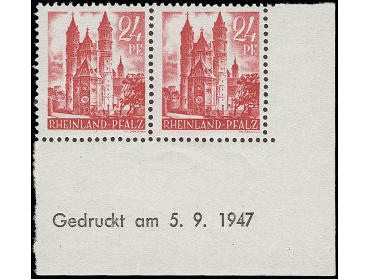 24 Pfg. im waagerechten Paar aus der rechten unteren Bogenecke mit Druckdatum vom 5.9.1947, postfrisch