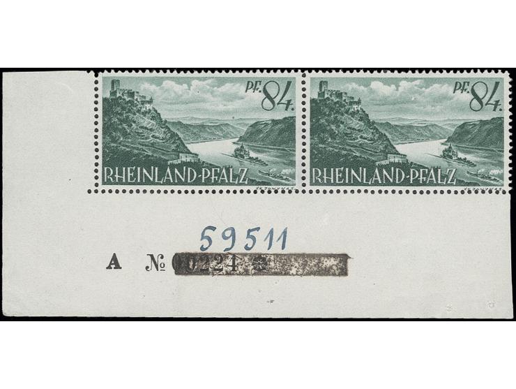 84 Pfg. im waagerechten Paar aus der linken unteren Bognecke mit handschriftlich geänderter Bogennummer "A No. 59511", dazu 1