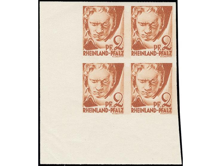 1948, 2. Ausgabe 2 Pfg. ungezähnt im 4er-Block aus der linken unteren Bogenecke, postfrisch
