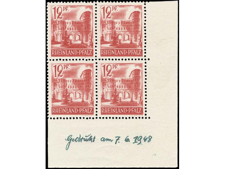 12 Pfg. im 4er-Block aus der rechten unteren Bogenecke mit handschriftlichem Druckdatum "Gedruckt am 7.6.1948", postfrisch