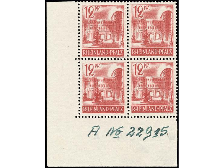 12 Pfg. im 4er-Block aus der linken unteren Bogenecke mit handschriftlicher Bogennummer "A No. 22915", posfrisch