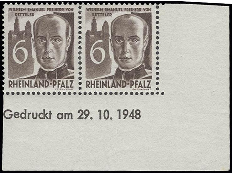 3. Ausgabe 6 Pfg. im waagerechten Paar aus der rechten unteren Bogenecke mit Druckdatum "Gedruckt am 29.10..48", postfrisch