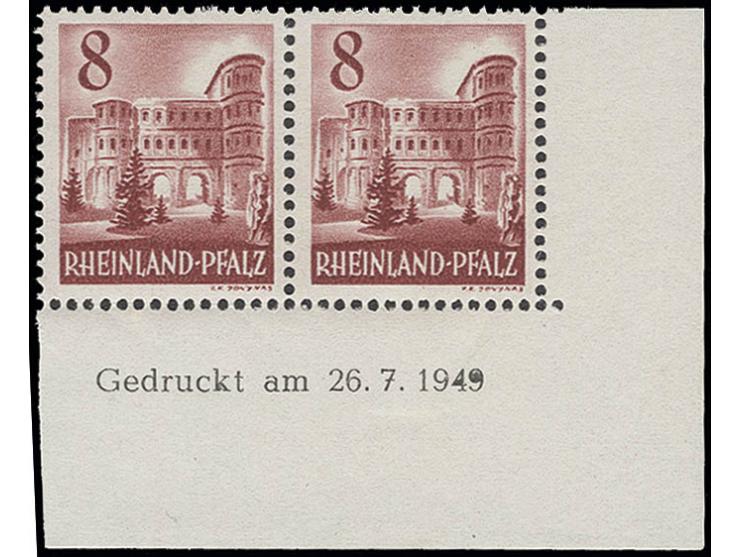 8 Pfg. im waagerechten Paar aus der rechten unteren Bogenecke mit Druckdatum "Gedruckt am 26.7.49", postfrisch, leichter Gumm
