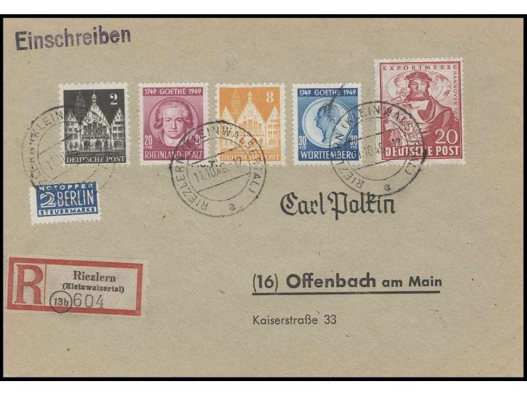Goethe 20 Pfg. zusammen mit Württemberg Goethe 30 Pfg. und 3 Werten Bizone als portogerechte Frankatur auf R-Brief der 2. Gew