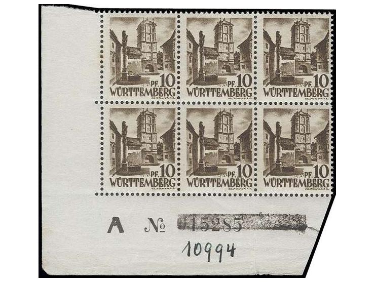10 Pfg. im waagerechten 6er-Block aus der linken unteren Bogenecke mit handschriftlich geänderter Bogennummer, postfrisch, se