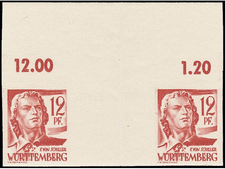 12 Pfg. ungezähnt im waagerechten Zwischenstegpaar vom Oberrand, postfrisch, im Steg mit senkrechter Faltung, bisher nur ein 