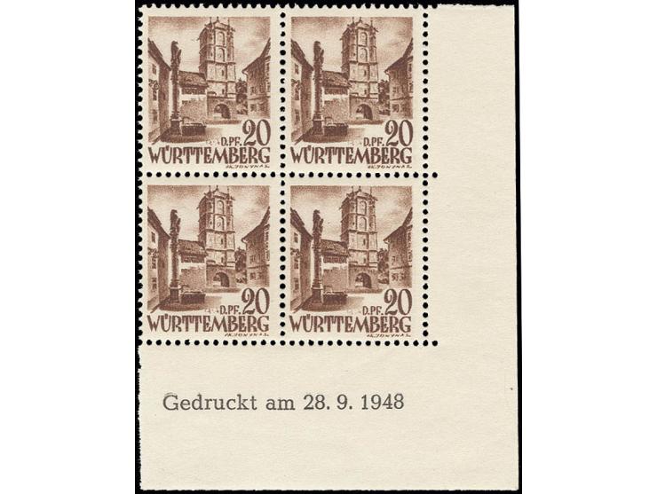 20 DPfg. im 4er-Block aus der rechten unteren Bogenecke mit Druckdatum vom 28.9.1948, postfrisch