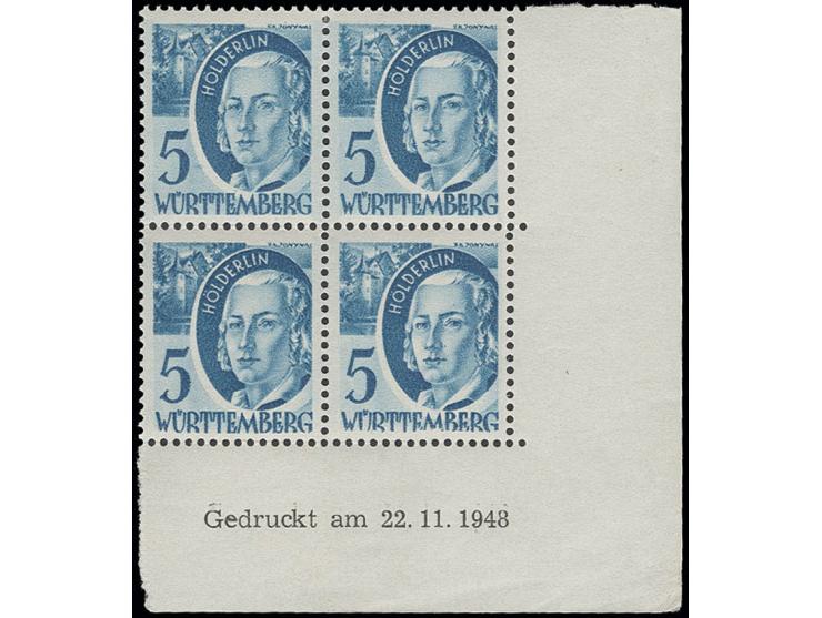 5 Pfg. im 4er-Block aus der rechten unteren Bogenecke mit Druckdatum vom 22.11.1948, postfrisch
