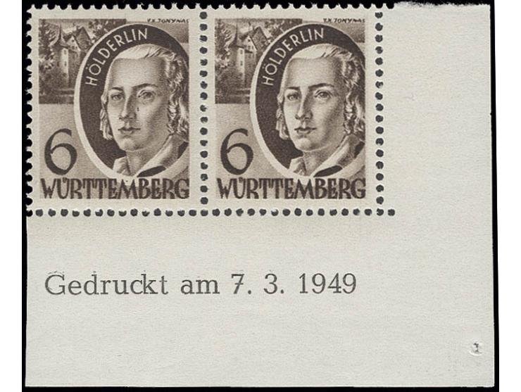 6 Pfg. im waagerechten Paar aus der rechten unteren Bogenecke mit Druckdatum vom 7.3.1949, postfrisch