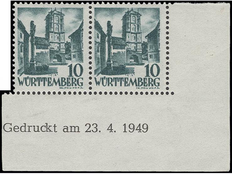 10 Pfg. im waagerechten Paar aus der rechten unteren Bogenecke mit Druckdatum vom 23.4.1949, postfrisch
