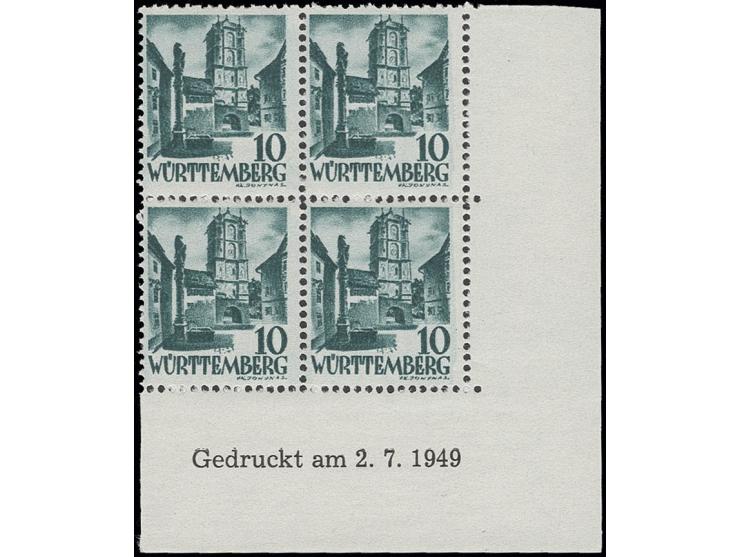 10 Pfg. im 4er-Block aus der rechten unteren Bogenecke mit Druckdatum vom 2.7.1949, postfrisch
