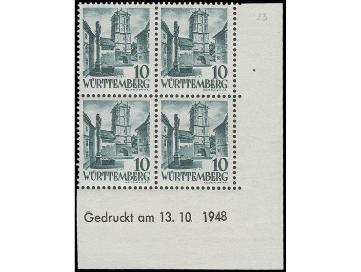 10 Pfg. im 4er-Block aus der rechten unteren Bogenecke mit Druckdatum vom 13.10.1948, postfrisch