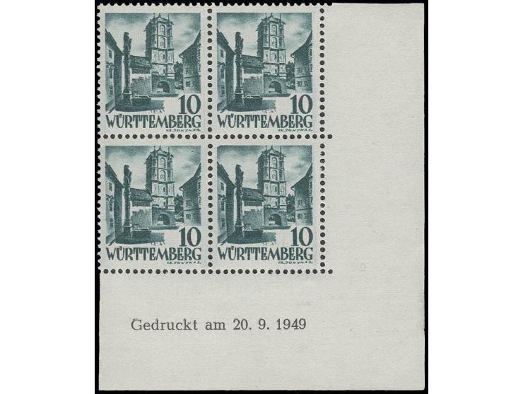 10 Pfg. im 4er-Block aus der rechten unteren Bogenecke mit Druckdatum vom 20.9.1949, postfrisch