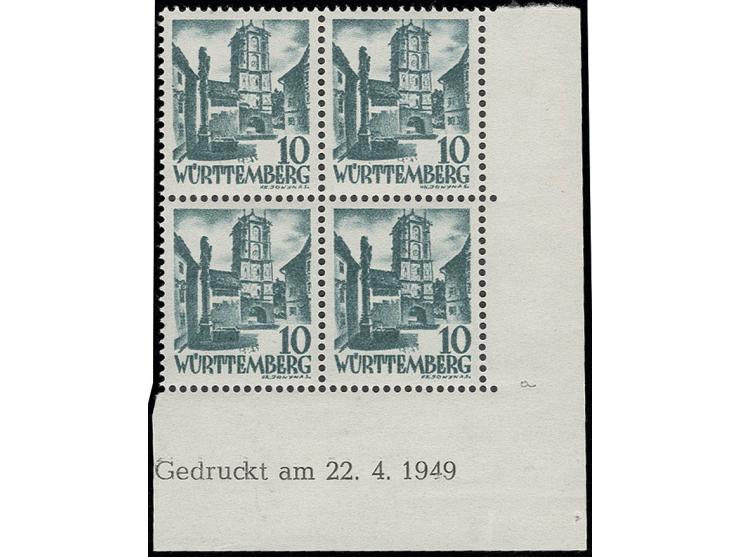 10 Pfg. im 4er-Block aus der rechten unteren Bogenecke mit Druckdatum vom 22.4.1949, postfrisch