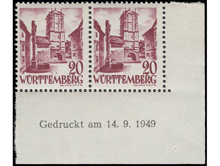 20 Pfg. im waagerechten Paar aus der rechten unteren Bogenecke mit Druckdatum vom 14.9.1949, postfrisch mit Haftstellen und k