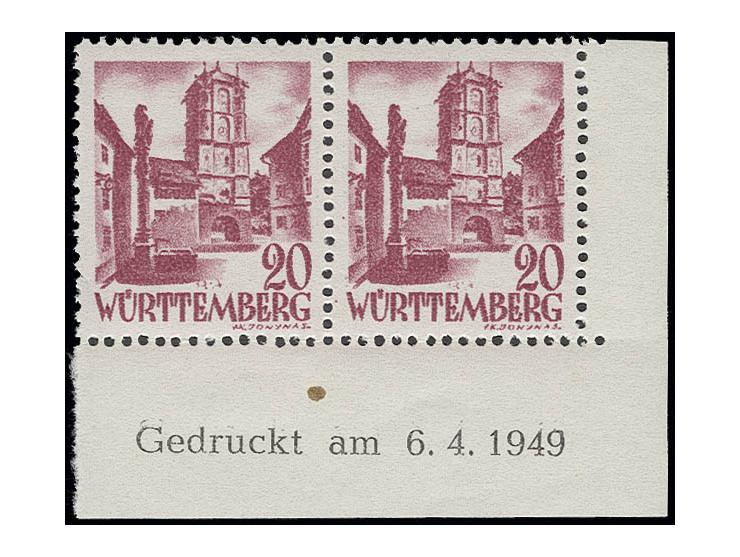 20 Pfg. im waagerechten Paar aus der rechten unteren Bogenecke mit Druckdatum vom 6.4.1949, postfrisch, im Unterrand mit klei