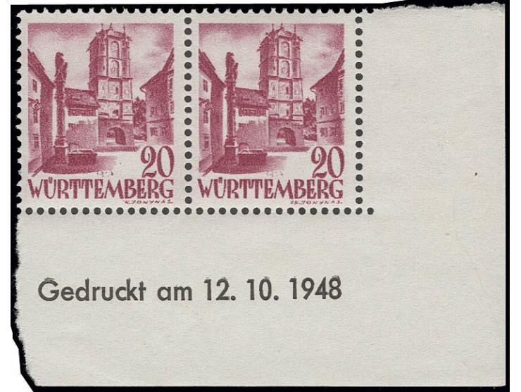 20 Pfg. im waagerechten Paar aus der rechten unteren Bogenecke mit Druckdatum vom 12.10.1948, postfrisch