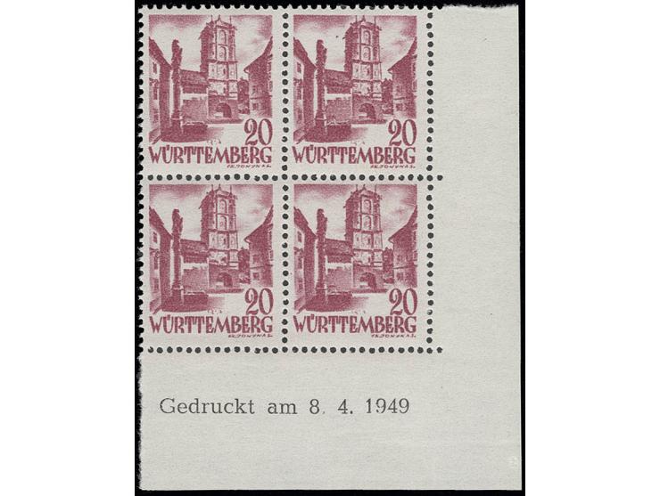 20 Pfg. im 4er-Block aus der rechten unteren Bogenecke mit Druckdatum vom 8.4.1949, postfrisch