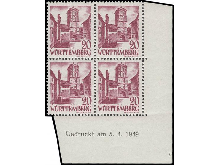 20 Pfg. im 4er-Block aus der rechten unteren Bogenecke mit Druckdatum vom 5.6.1949, postfrisch