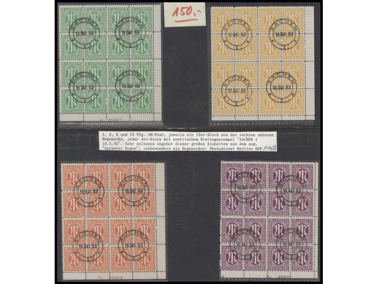 1945, amerikanischer Druck: 5 Pfg., 6 Pfg., 8 Pfg. und 12 Pfg. jeweils im 16er-Bogenteil aus der rechten unteren Bogenecke mi