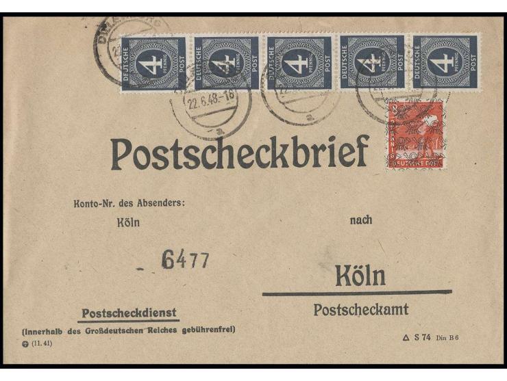 1948, Arbeiter mit Netzaufdruck: 8 Pfg. in Mischfrankatur mit Gemeinschaftsausgabe Ziffer 4 Pfg. (senkrechter 5er-Streifen) a