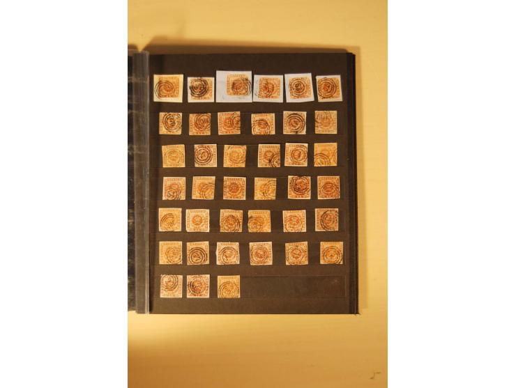 1851/70,  kleiner Posten mit meist gestempelten 4 S.-Werten, dabei u.a. 26 Stück Mi.-Nr. 1 inkl. waagerechtem Paar und ca. 80