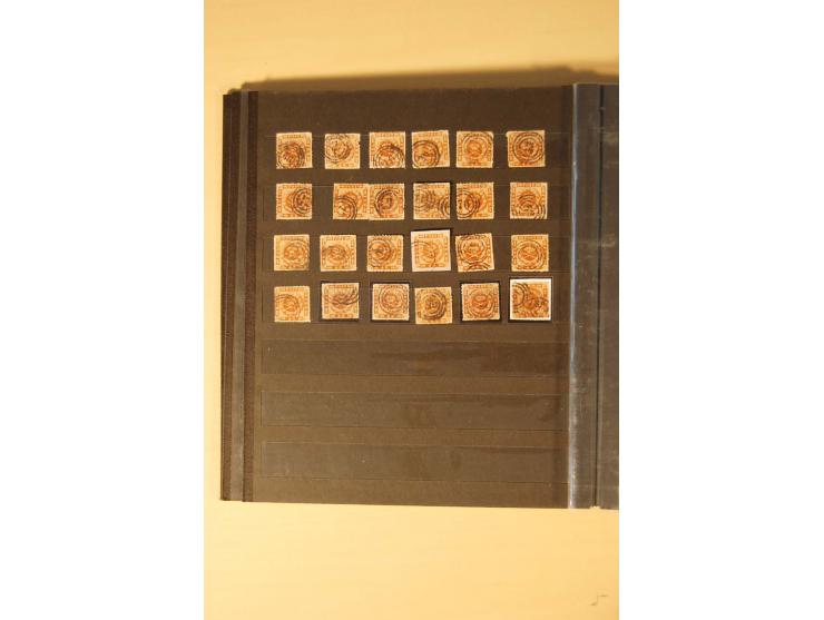 1851/70,  kleiner Posten mit meist gestempelten 4 S.-Werten, dabei u.a. 26 Stück Mi.-Nr. 1 inkl. waagerechtem Paar und ca. 80