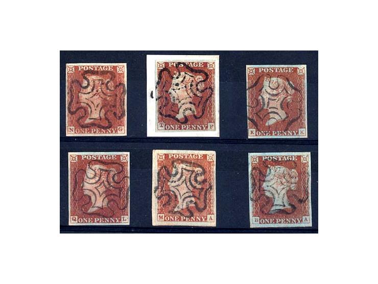 1841, 1 P. rotbraun, 6 schöne Exemplare mit sehr sauberen Malteserkreuz-Stempeln