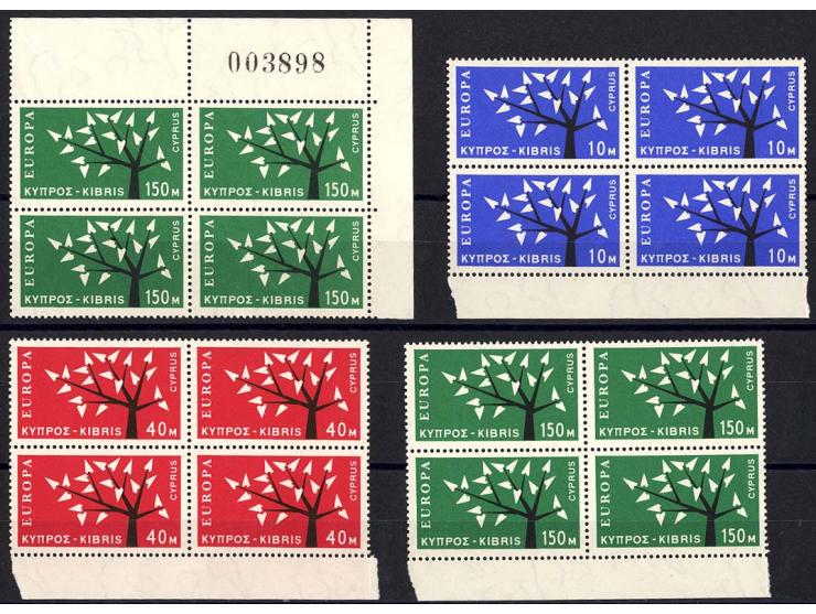 1963, Europa 10-150 M. kpl., Einzelsatz und 2mal in Rand-4er-Blocks (ein Block 150 M. Bug), postfrisch (Mi.-Nr. 215-17; Mi. 3