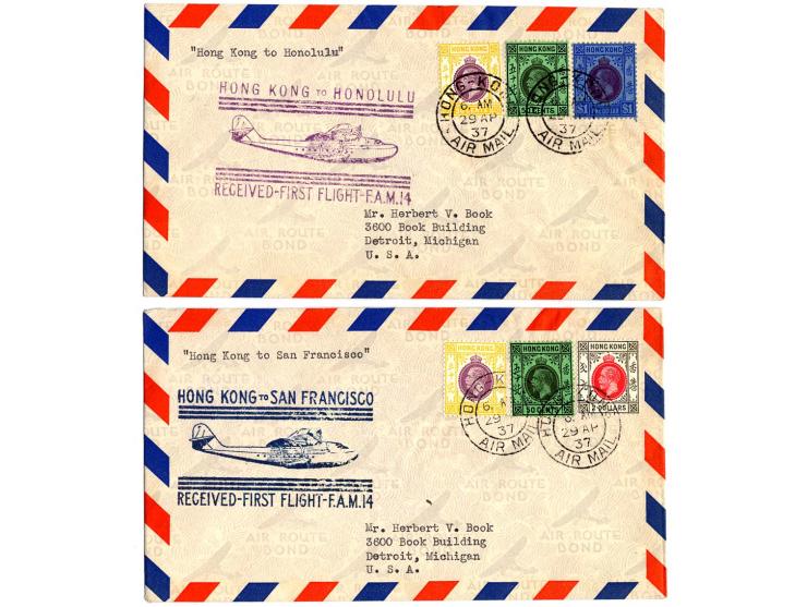 1937, 4 verschiedene PAA-Erstflugbriefe von "HONG-KONG AIRMAIL 29 AP" nach Manila, Guam, Honolulu und San Francisco, Pracht (