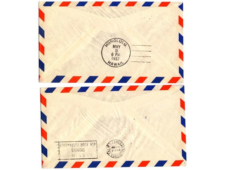 1937, 4 verschiedene PAA-Erstflugbriefe von "HONG-KONG AIRMAIL 29 AP" nach Manila, Guam, Honolulu und San Francisco, Pracht (