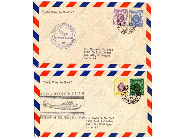 1937, 4 verschiedene PAA-Erstflugbriefe von "HONG-KONG AIRMAIL 29 AP" nach Manila, Guam, Honolulu und San Francisco, Pracht (