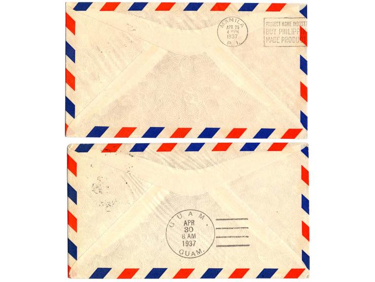 1937, 4 verschiedene PAA-Erstflugbriefe von "HONG-KONG AIRMAIL 29 AP" nach Manila, Guam, Honolulu und San Francisco, Pracht (