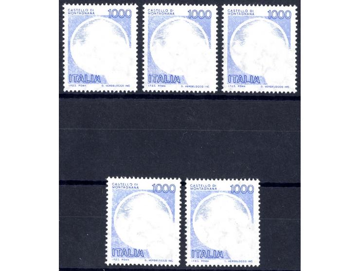 1980, Burgen 1000 L. ohne Zeichnung des Mittelstücks, 5 Stück, postfrisch, jeweils Fotoattest Enzo Diena (Mi.-Nr. 1724)