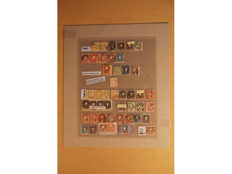 1858/90, ungebrauchte und gestempelte Partie mit u.a. Mi.-Nr. 10IIc (2), 11 (11), 12 (5), 16 auf Zeitungsteil, 17a, b, 23 (2)