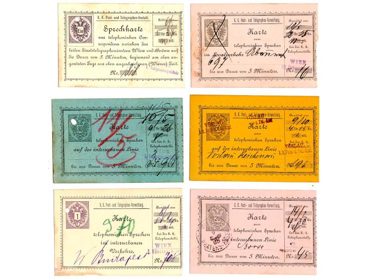 1887/89 (ca.), 6 verschiedene gebrauchte Telefon-Sprechkarten aus Ferchenbauer Nr. 2-8